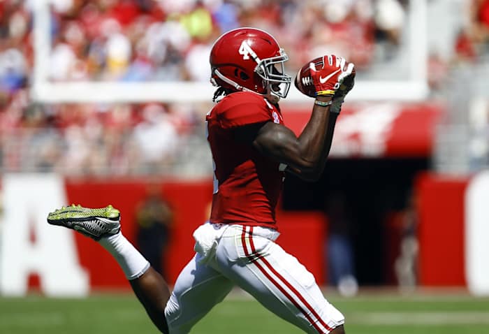 p 21, 2019; Tuscaloosa, AL, USA; Alabama Crimson Tide wide receiver Jerry Jeudy (4) catches a pass during the first half of an NCAA college football game against Southern Mississippi at Bryant-Denny Stadium.